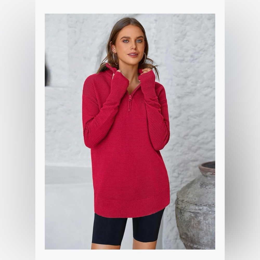 Red Half-Zip Knit Pullover | Thumb Hole | Small | Pretty Garden | New - Picture 2 of 11